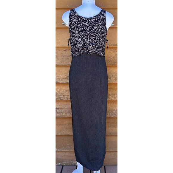 Vintage 90s Carole Little Black Maxi Dress W/ Goat & Chicken Graphic Top Sleevel - Picture 2 of 9